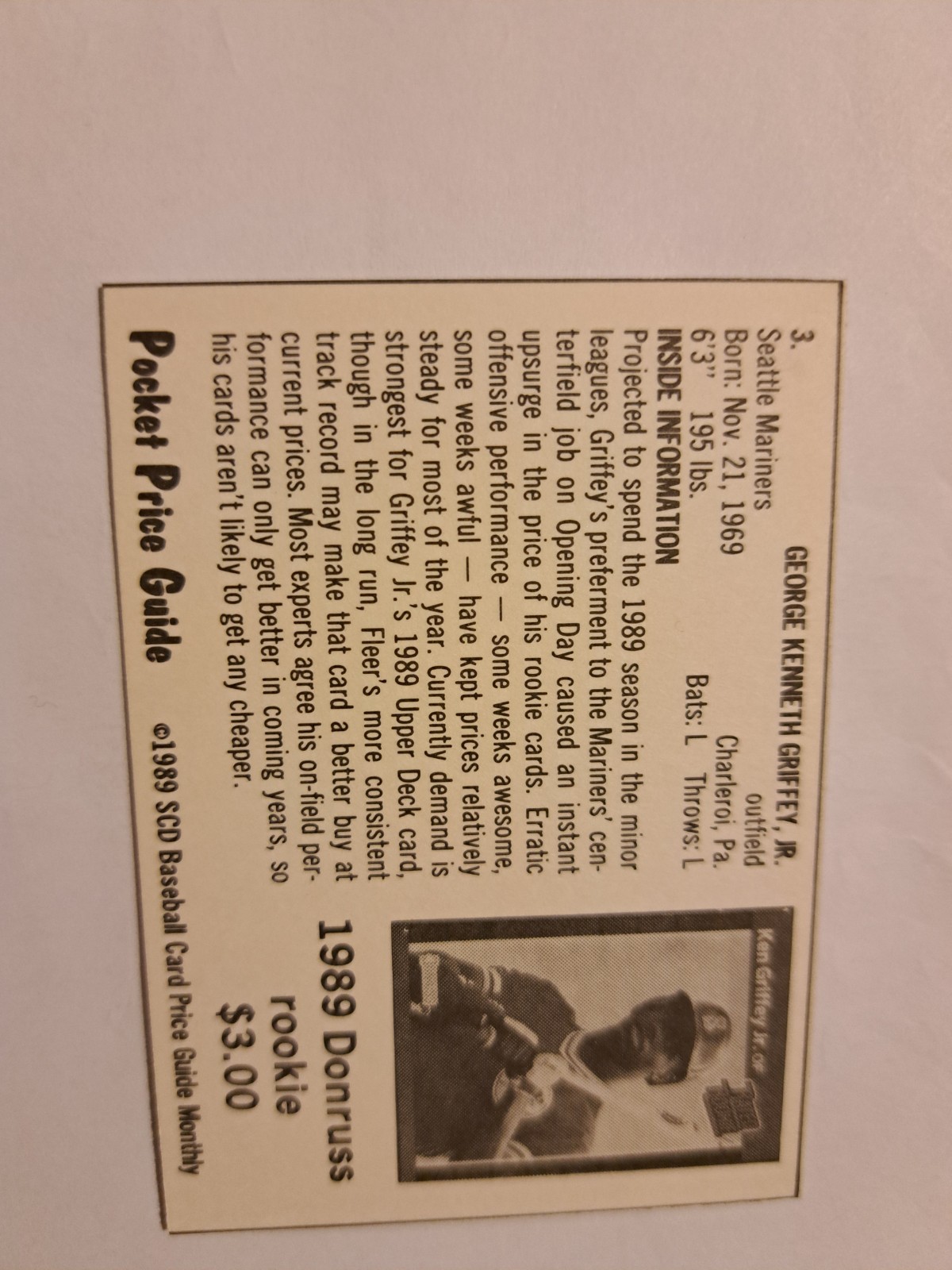 1989 SCD Price Guide Hand Cut #3 Ken Griffey Jr Rookie Card HOF