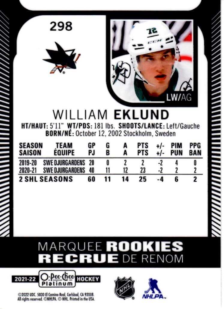 2021-22 O-Pee-Chee Platinum William Eklund Rookie Card # 298