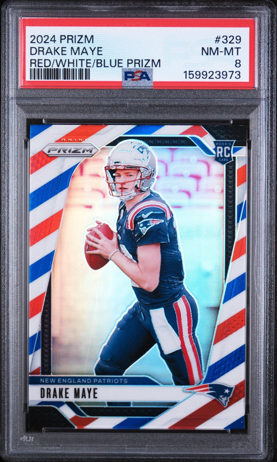 2024 Panini Prizm – Rookies Drake Maye #329 Red White & Blue Prizm (RC) PSA 8