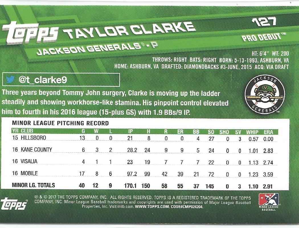 Taylor Clarke Arizona Diamondbacks 2017 Topps Pro Debut