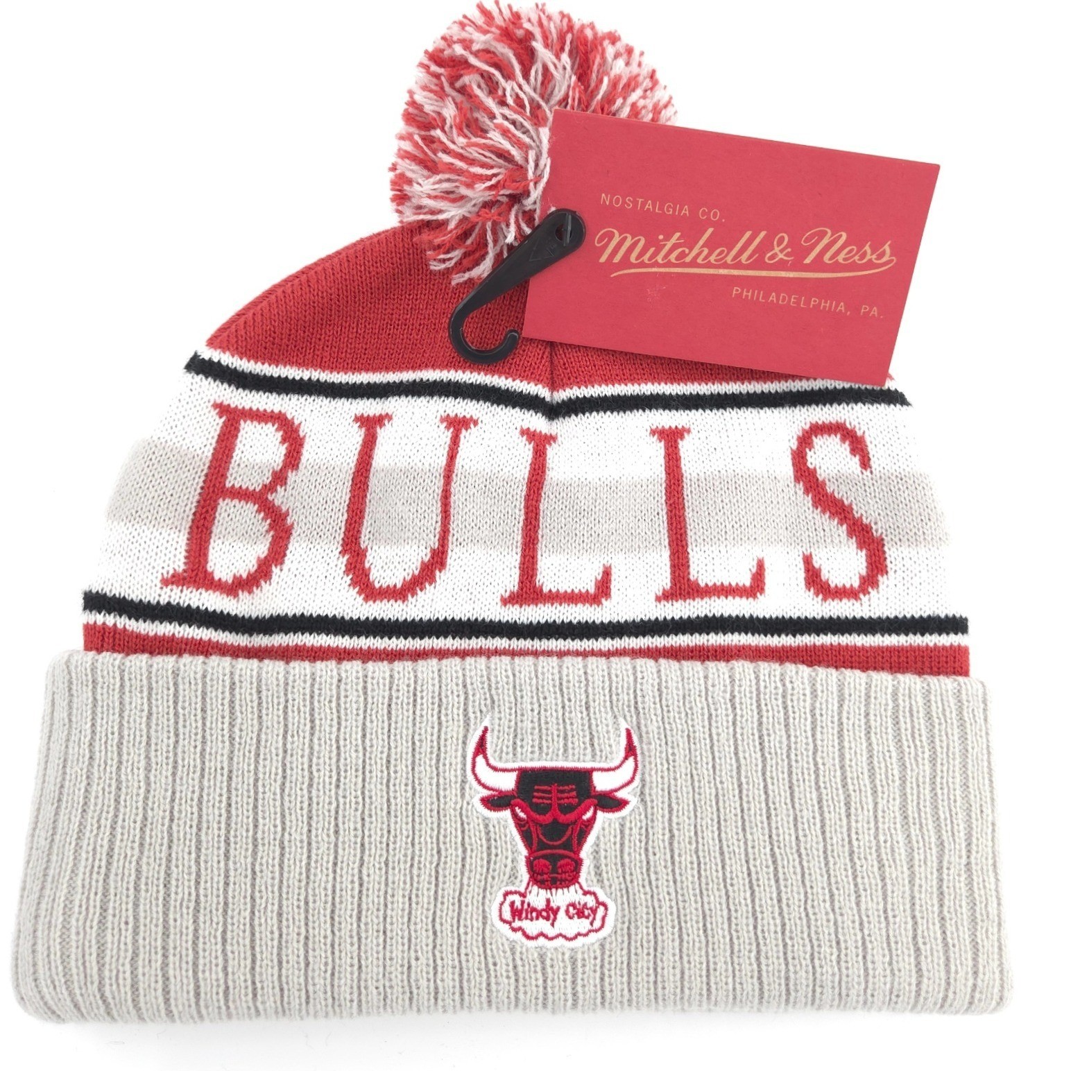 Mitchell & Ness Chicago Bulls Cuffed Pom Beanie Unisex Red Gray Knit OSFA NEW