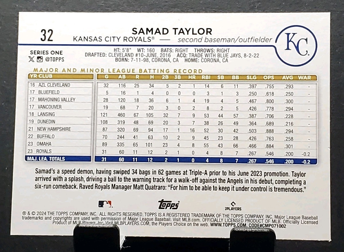 2024 Topps #32 Samad Taylor RC ROYALS Rookie Baseball card⚾️NM/MT