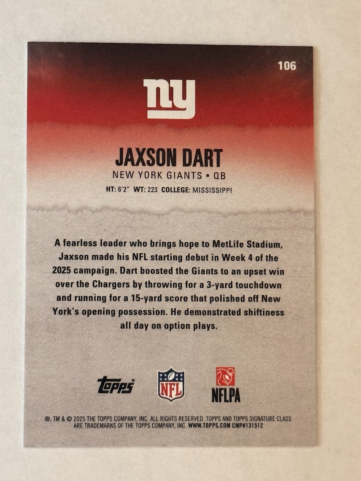 2025 Topps Signature Class Jaxson Dart Round Pick RC Rookie Giants #106