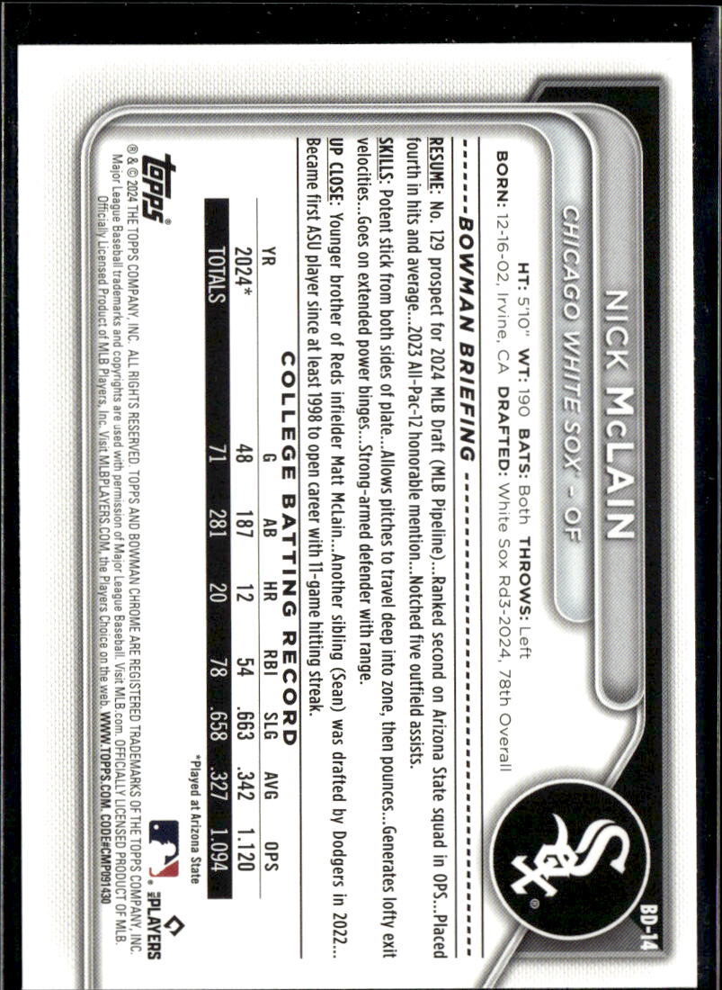 2024 Bowman Draft Paper Nick McLain Chicago White Sox #BD-14 5 Card Lot