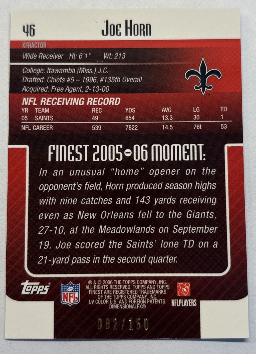 2006 Topps Finest Blue X-Fractor /150 Joe Horn Refractor New Orleans Saints