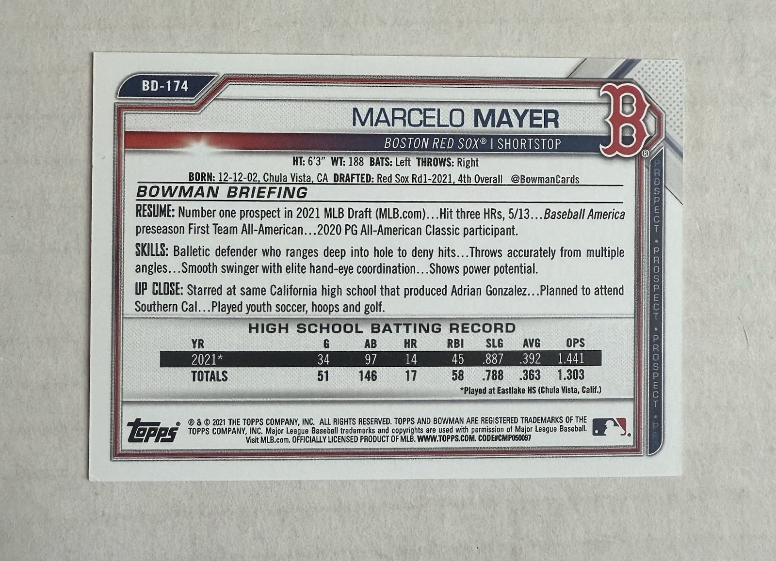 2021 Bowman Draft 1st Edition Marcelo Mayer BD-174 Red Sox