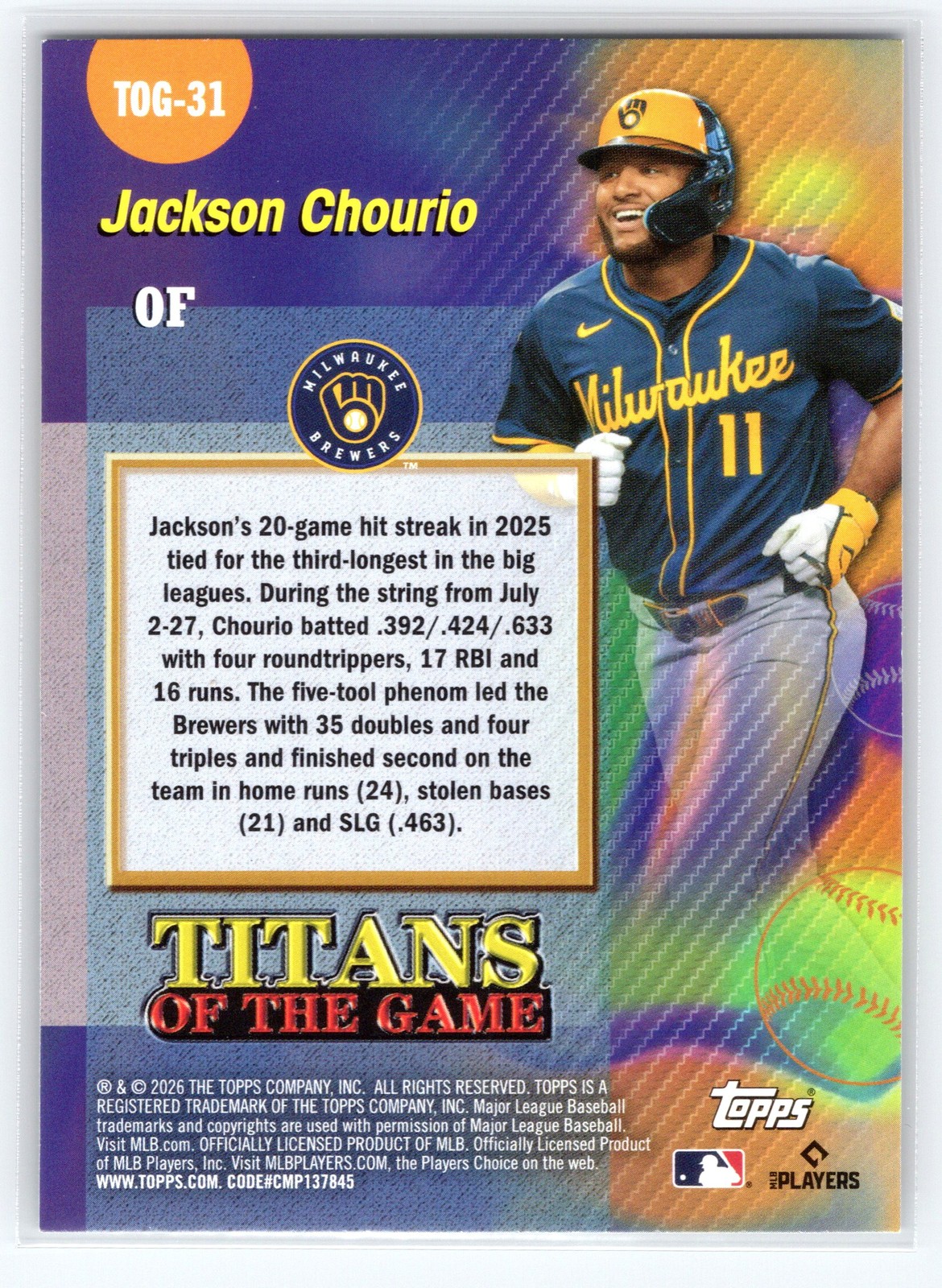 2026 Topps #TOG-31 Jackson Chourio Titans of the Game Milwaukee Brewers