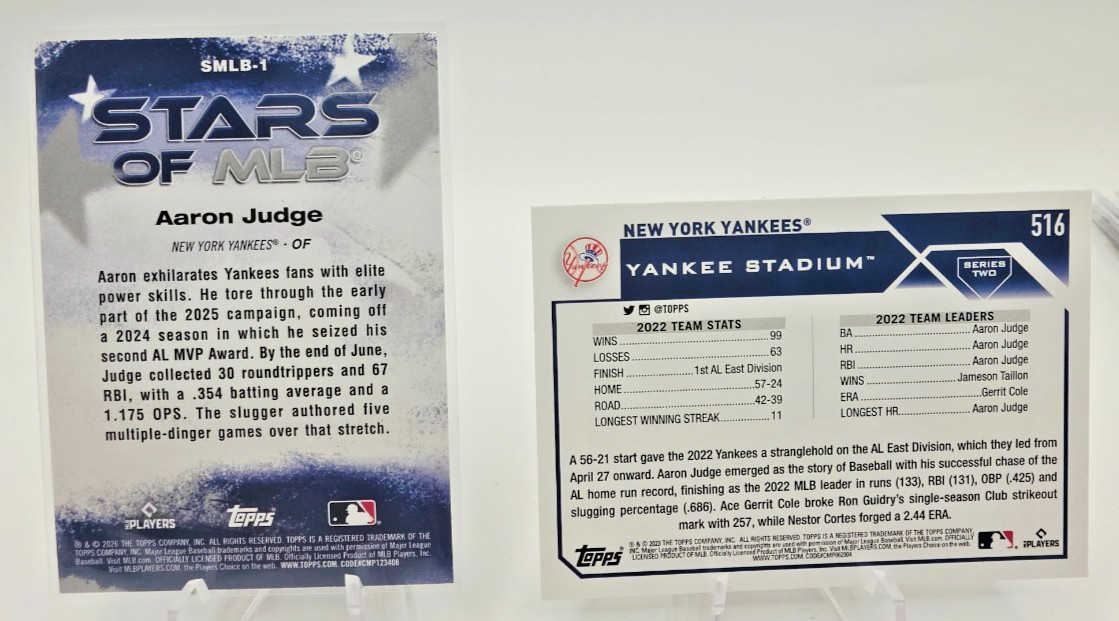 (2) 2026 Topps #SMLB-1 Aaron Judge Stars of MLB & 2023 #516 Yankees Stadium