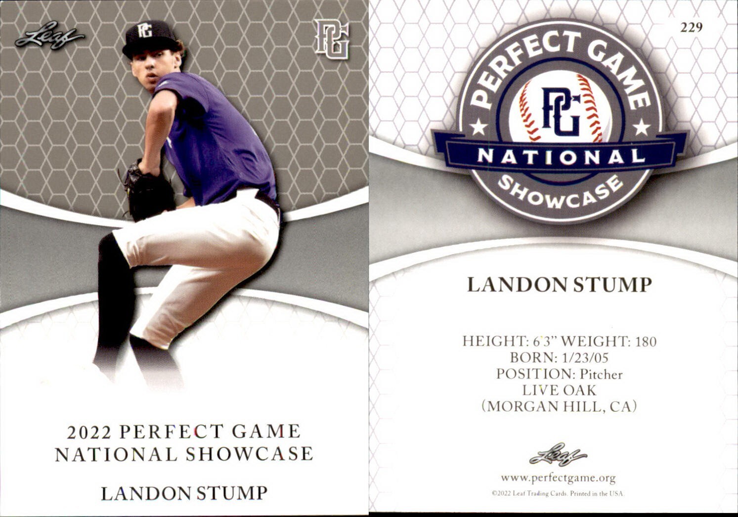 LANDON STUMP 2022 LEAF PERFECT GAME “National Showcase” ROOKIE CARD #229