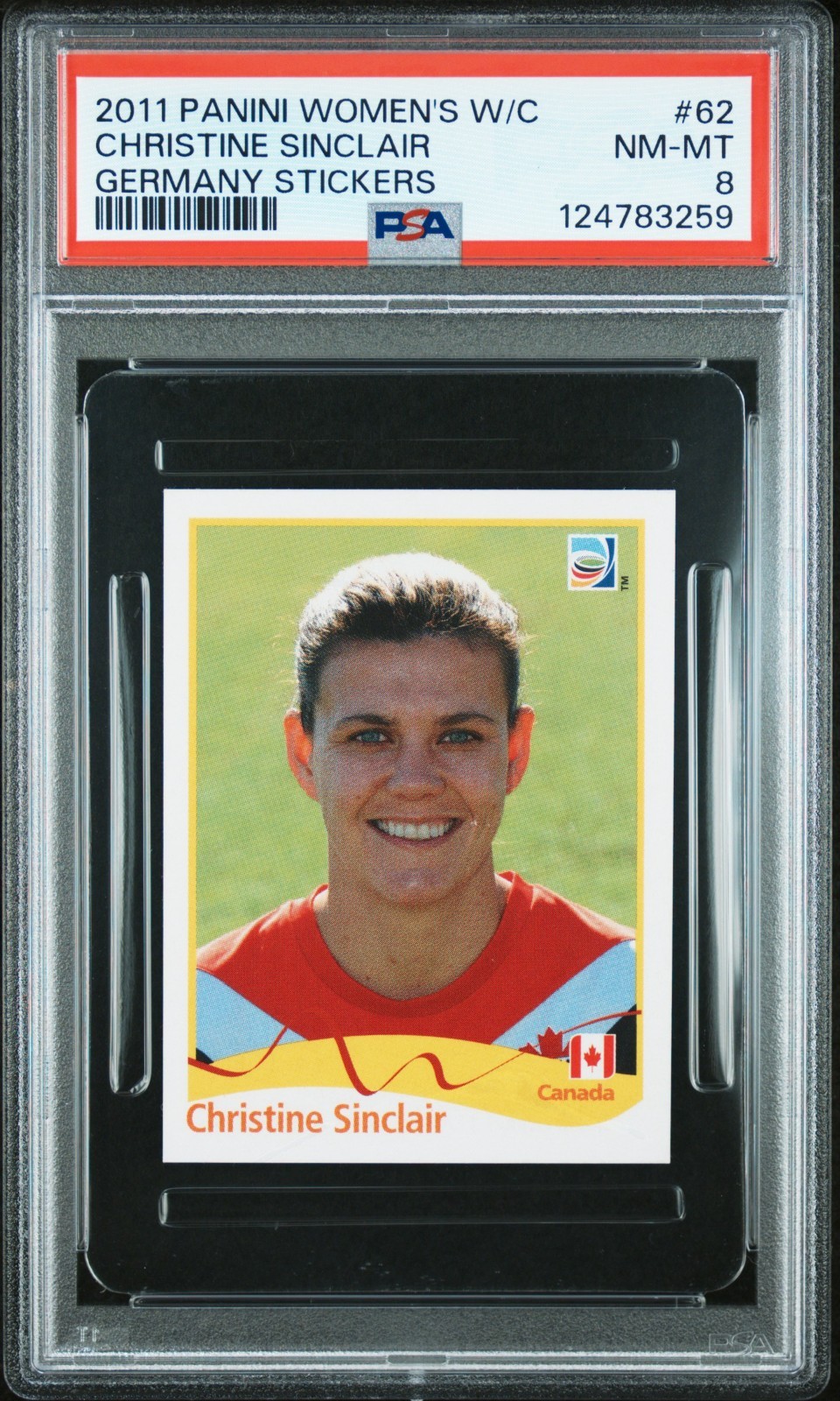 2011 Panini #62 CHRISTINE SINCLAIR Rookie Sticker Fifa World Cup graded PSA 8