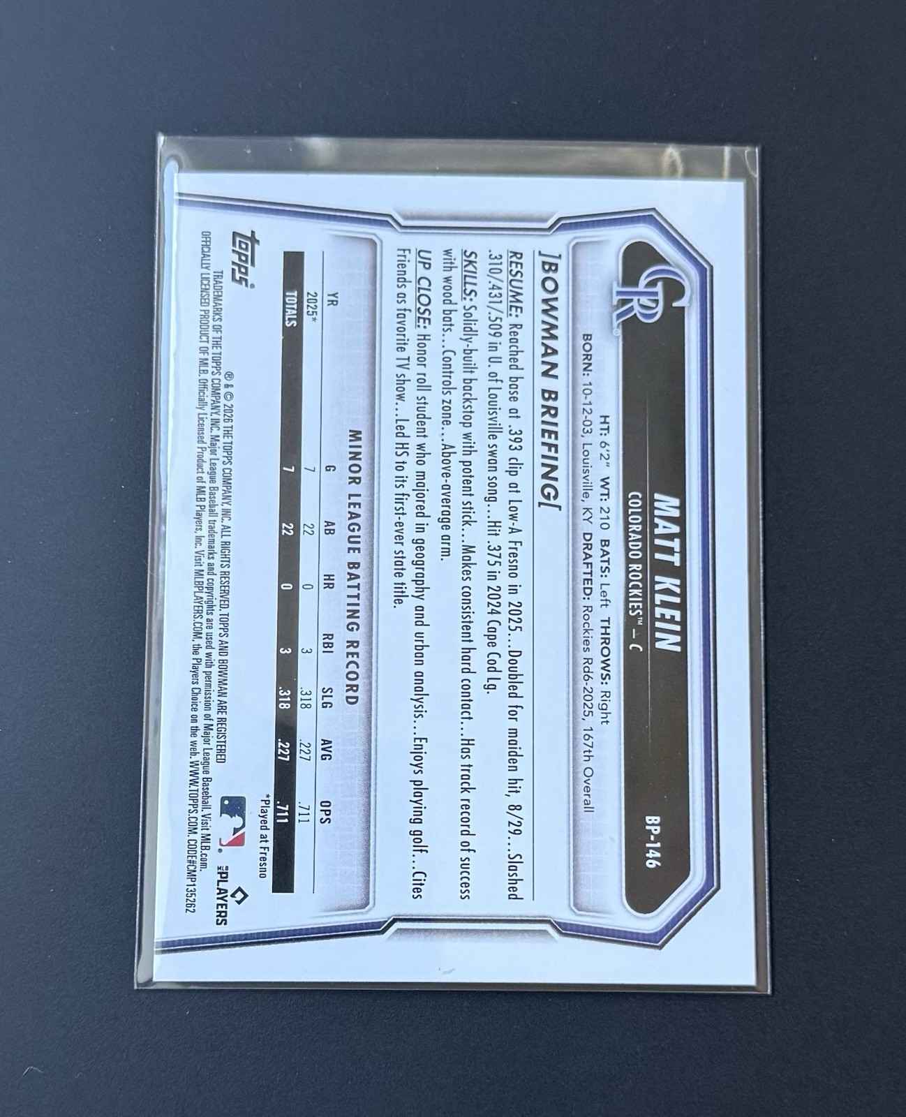 2026 Bowman Matt Klein 1st Paper Pink Border /175 Colorado Rockies #BP-146