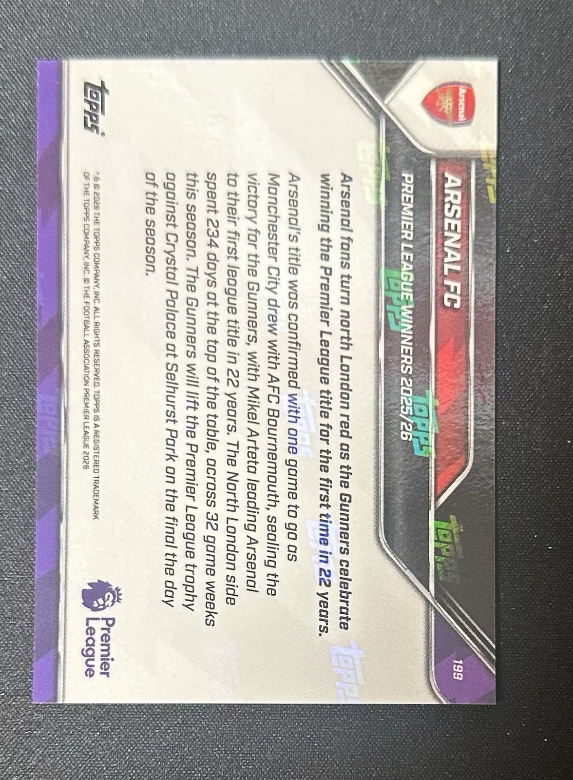 2026 Topps Now Arsenal FC Premier League Champions Base Card
