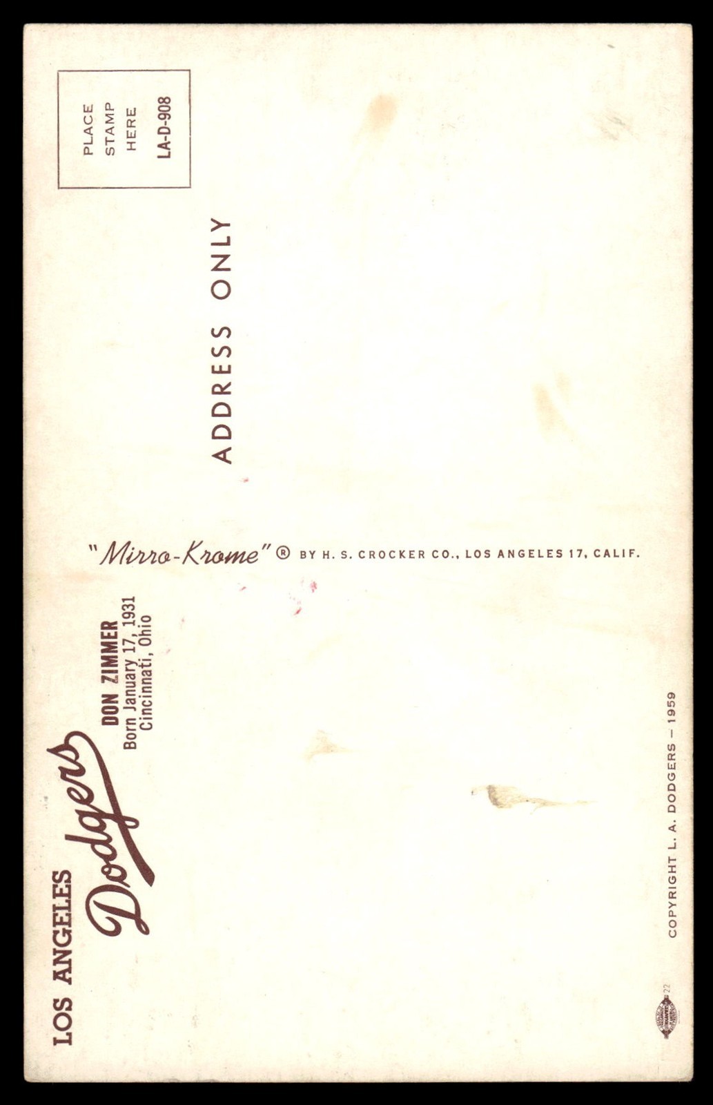 1959 Mirro-Krome Don Zimmer Los Angeles Dodgers Postcards *TL708