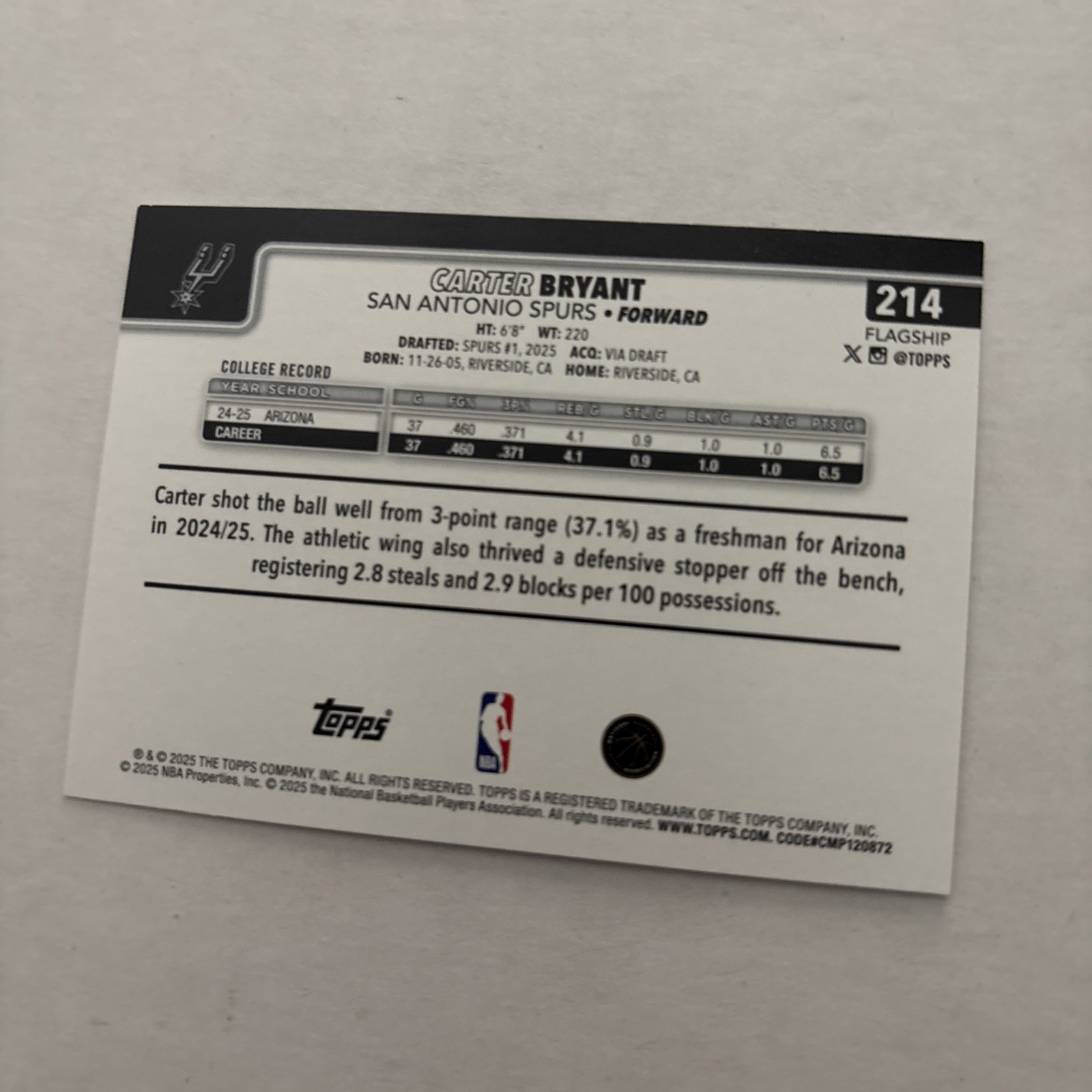 2025-26 Topps Carter Bryant #214 Rainbow Holo Foil Rookie RC Spurs NBA Finals 🏀