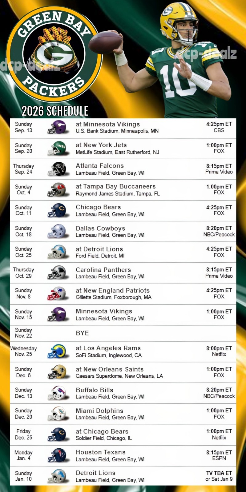 GREEN BAY PACKERS 2026 NFL Football Schedule Glossy LARGE Fridge Magnet 4″ x 8″