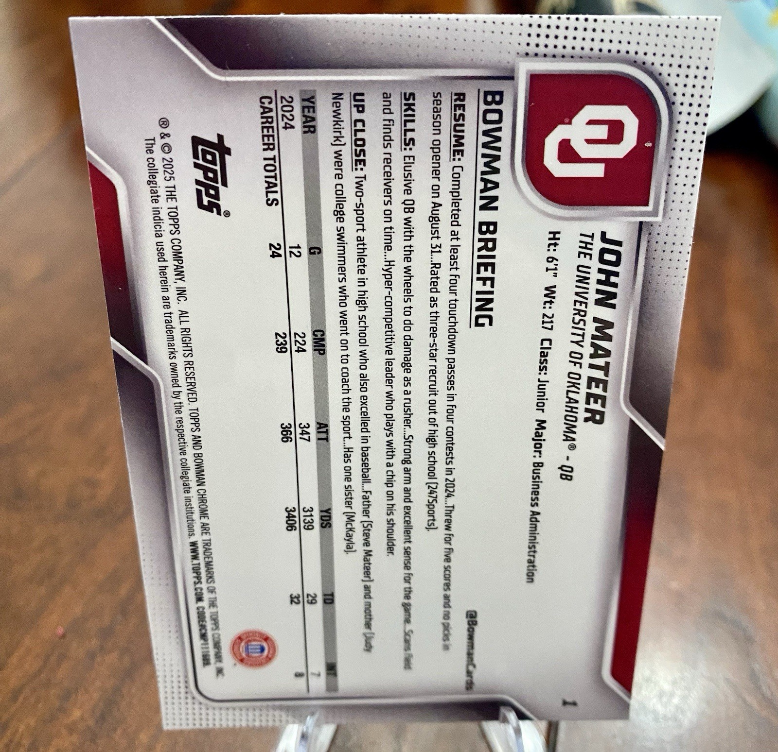 2025 Bowman Chrome U John Mateer #1 1st Bowman Base – Oklahoma Sooners