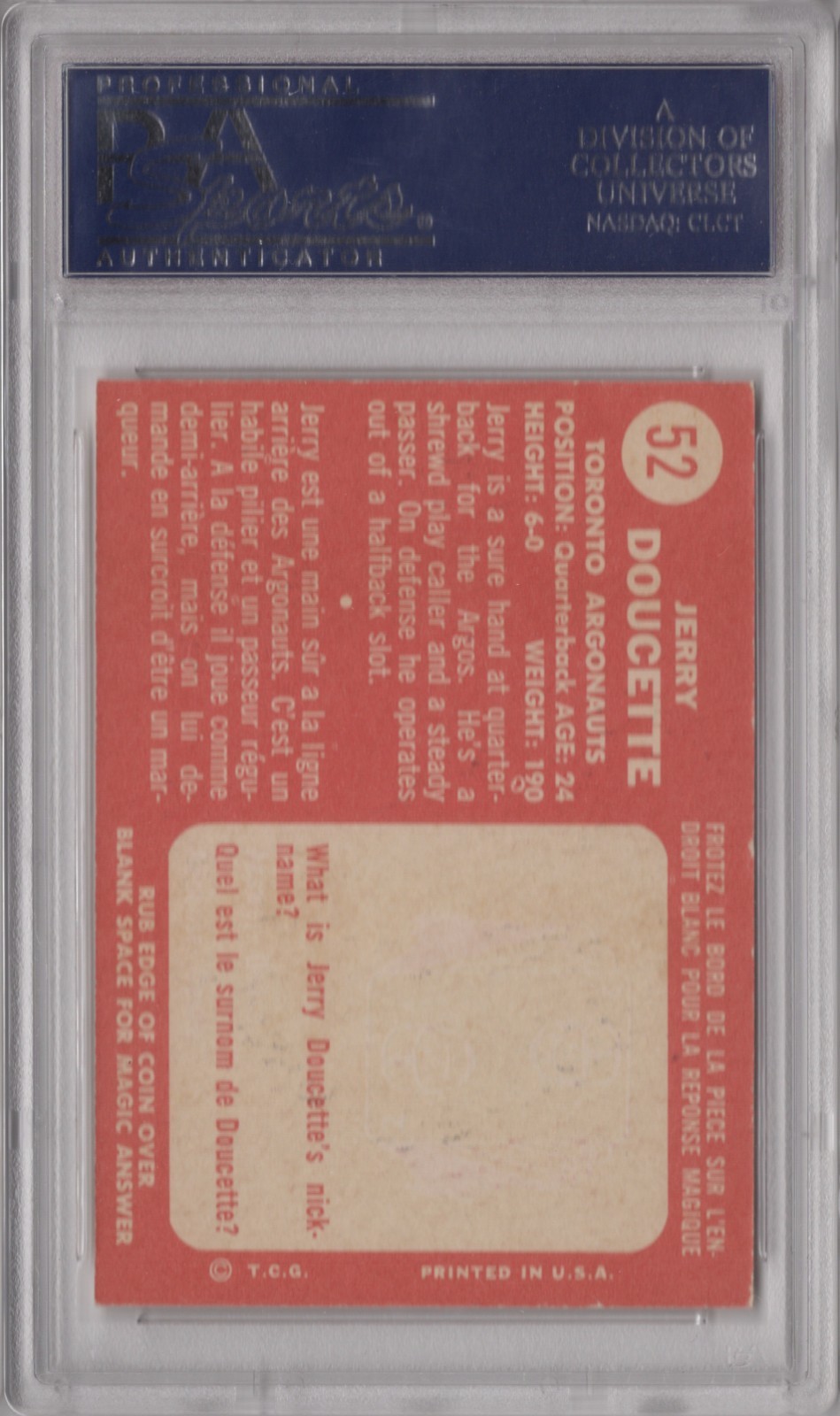 Gerry Jerry Doucette 1958 Topps CFL PSA 7 NM Graded Card Toronto Argonauts #52