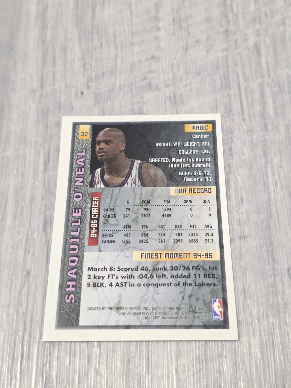 1995-96 Topps Finest #32 Shaquille O’Neal With Protective Coating – D848
