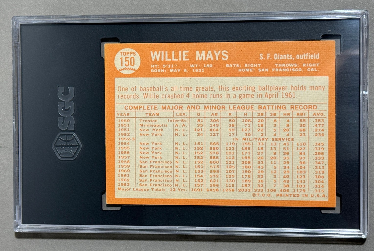 1964 Topps #150 Willie Mays San Francisco Giants SGC 6 EX-MT