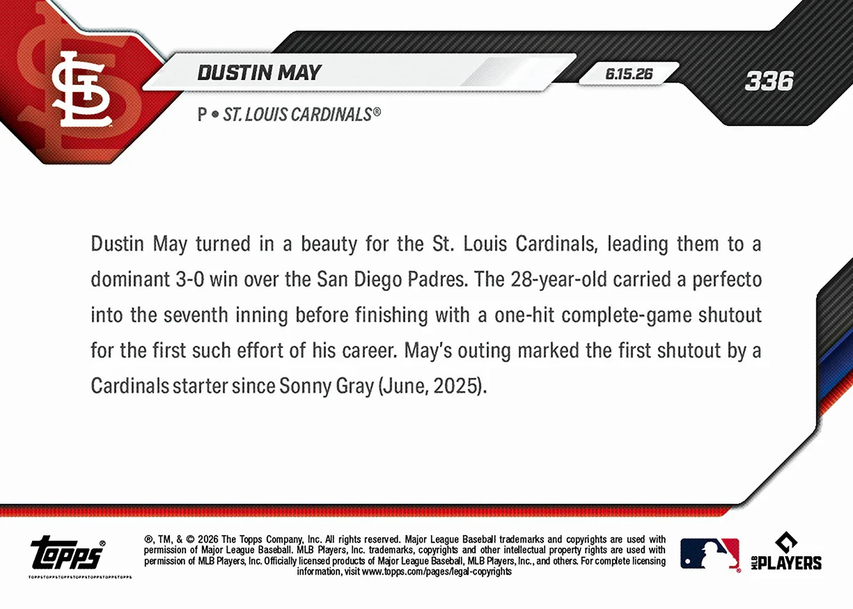Dustin May 1st CG SHO – 2026 MLB Topps NOW – Card 336 Presale