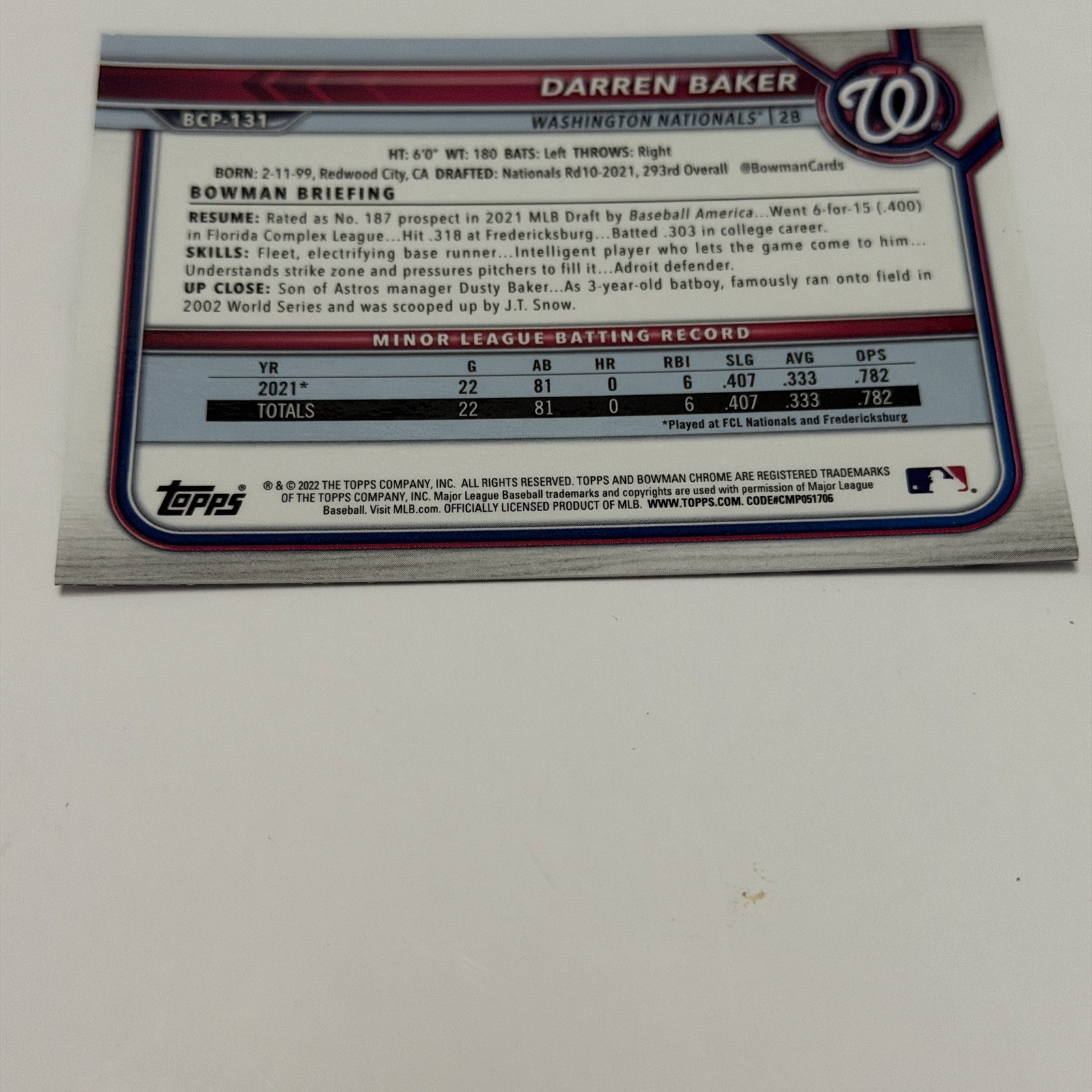 Darren Baker 2022 Bowman Chrome 1st #BCP-131 Prospect RC Speckle Refractor