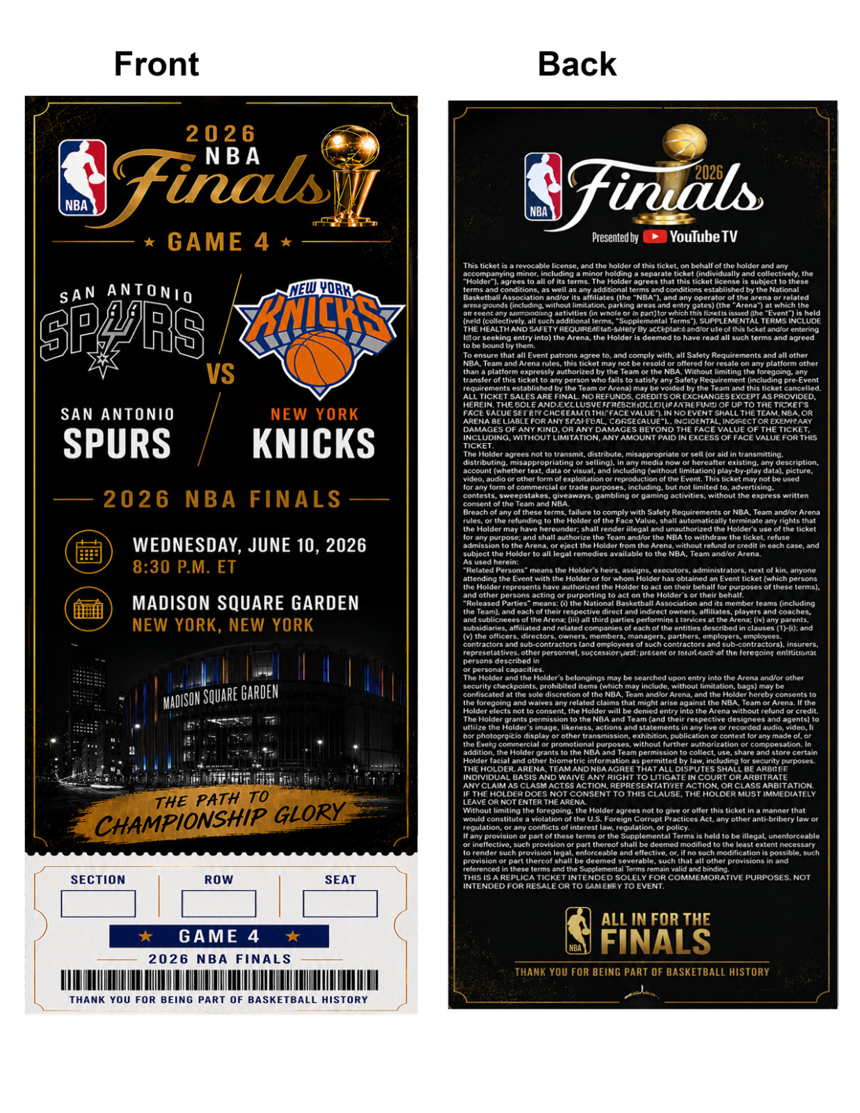 NY Knicks Vs SA Spurs NBA Finals Game 4 Commemorative Ticket Stub Custom