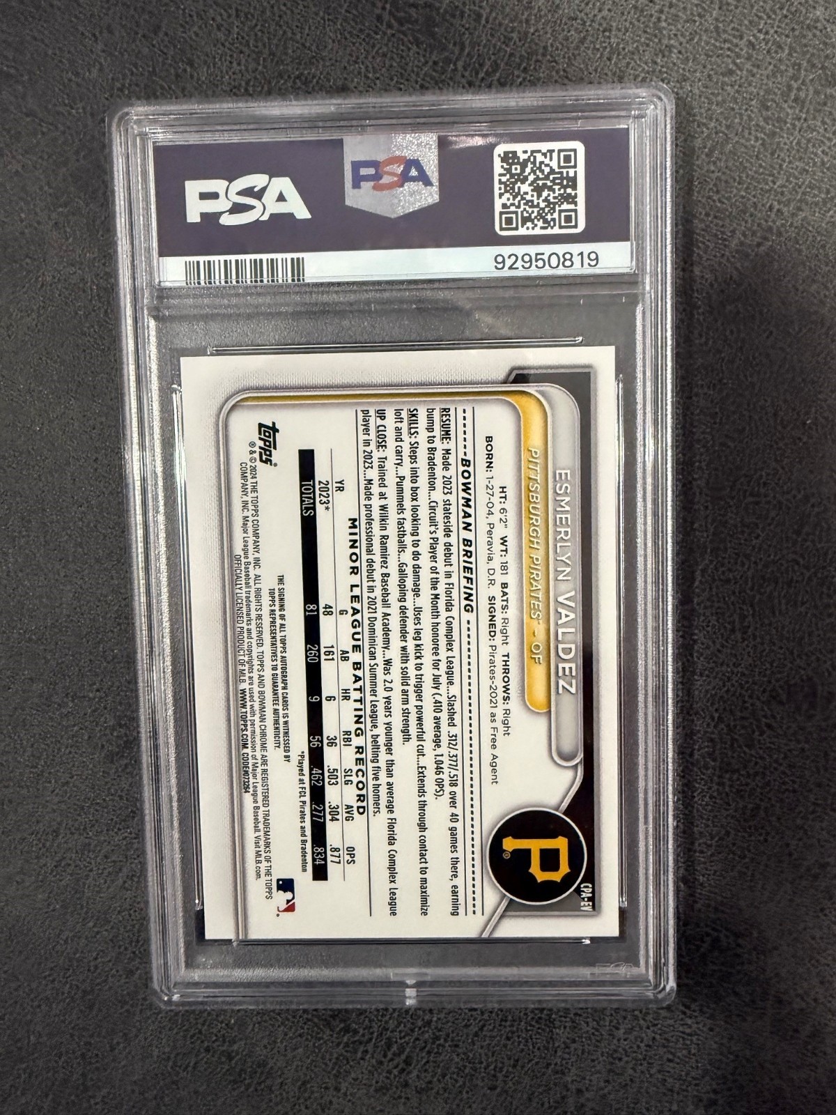 2024 Bowman Chrome 1st Esmerlyn Valdez Auto Pirates RC PSA 9 CPA-EV CPAEV