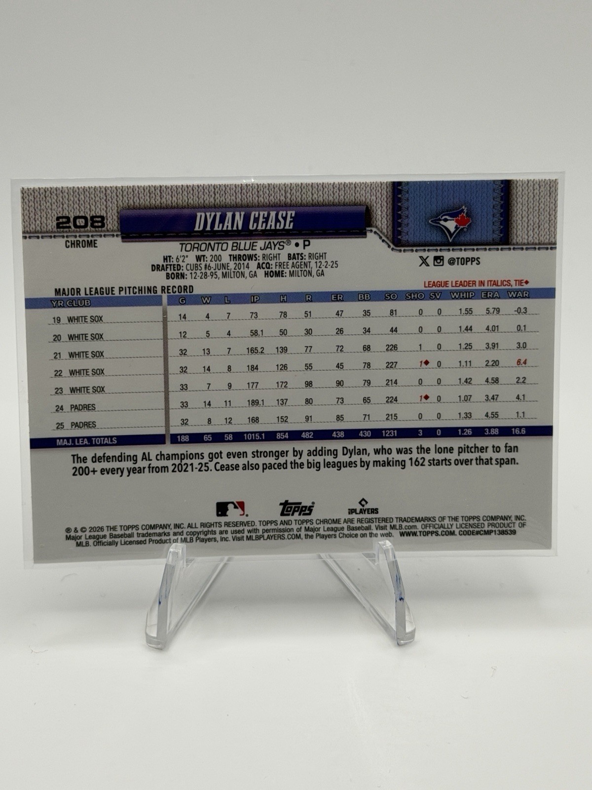 2026 Topps Chrome Dylan Cease Blue Wave Refractor #105/150 #208