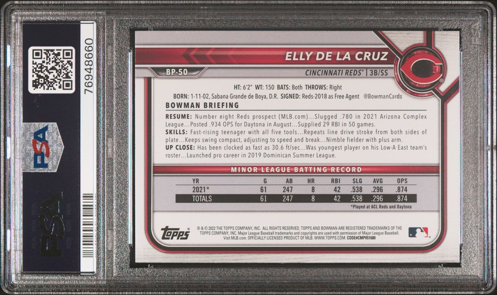 PSA 10 ELLY DE LA CRUZ 1st 2022 Bowman Paper Prospect Rookie Card RC GEM MINT