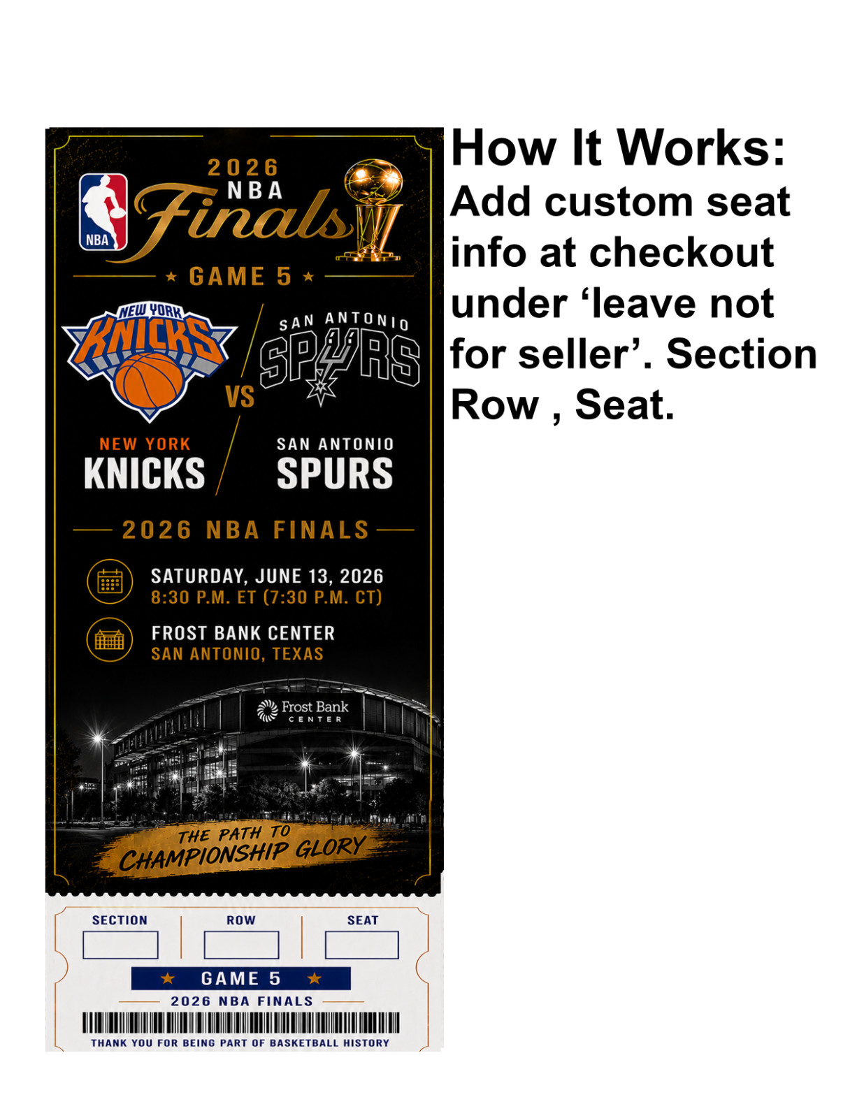NY Knicks Vs SA Spurs NBA Finals Game 5 Commemorative Ticket Stub Custom