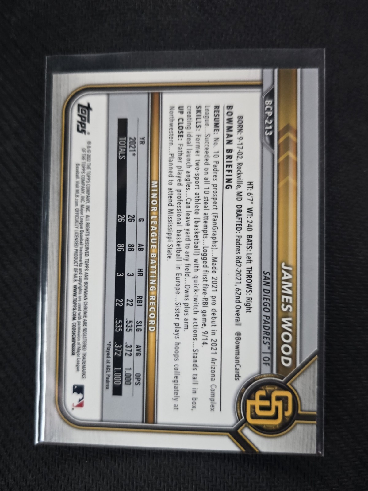 2022 Bowman Chrome – Prospects James Wood #BCP-213 Mojo Refractor (RC)