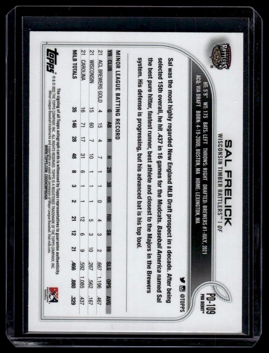 2022 Topps Pro Debut #PD-109 Sal Frelick Autographs