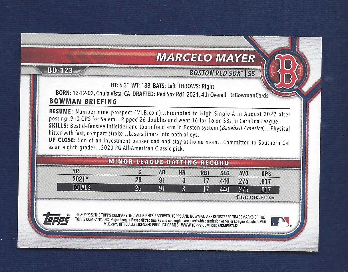 2022 Bowman Draft MARCELO MAYER #BD-123 1st Edition GOLD /50 FOIL Y601