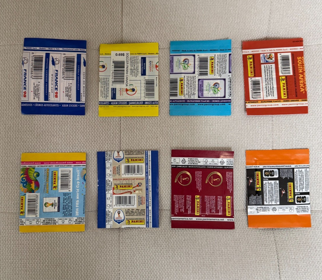 (8) Sealed Packs Panini World Cup Stickers WC 1998-2026 One Pack Each MINT NEW