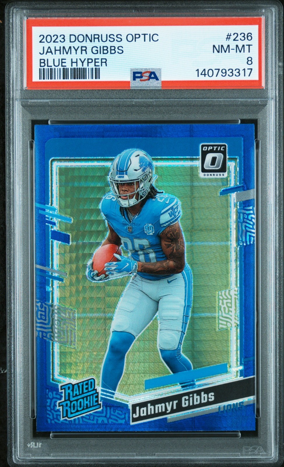 2023 PANINI DONRUSS OPTIC | BLUE HYPER#236 JAHMYR GIBBS PSA 8