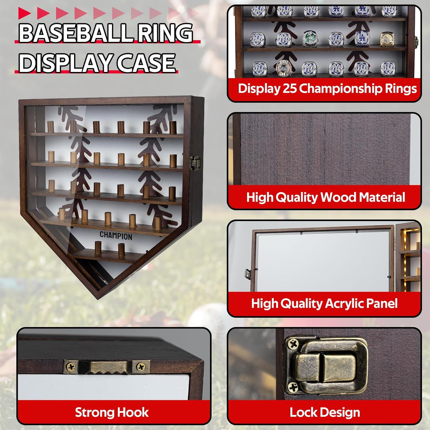 Championship Ring Display Case Display 25Pcs Rings,Baseball Ring Display Case wi