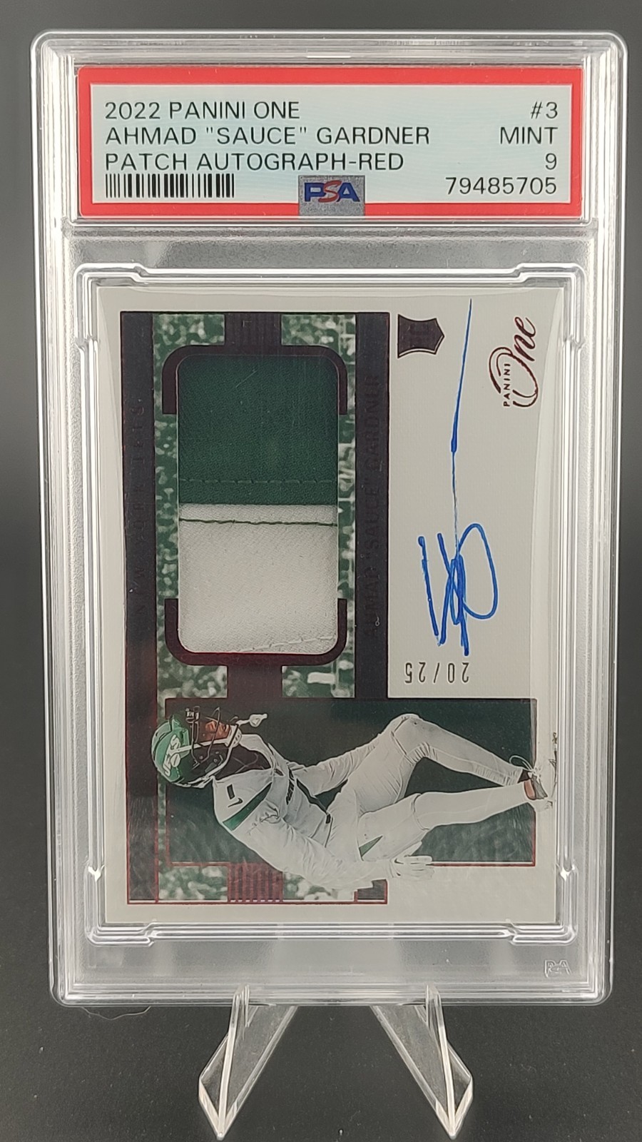 2022 Panini One Dual Patch Auto Red RPA /25 Breece Hall PSA 9 MINT #3 RC