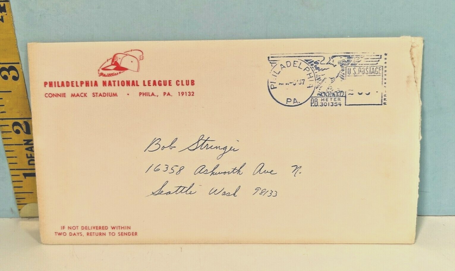 1967 Philadelphia Phillies National League Baseball Club Posted Envelope