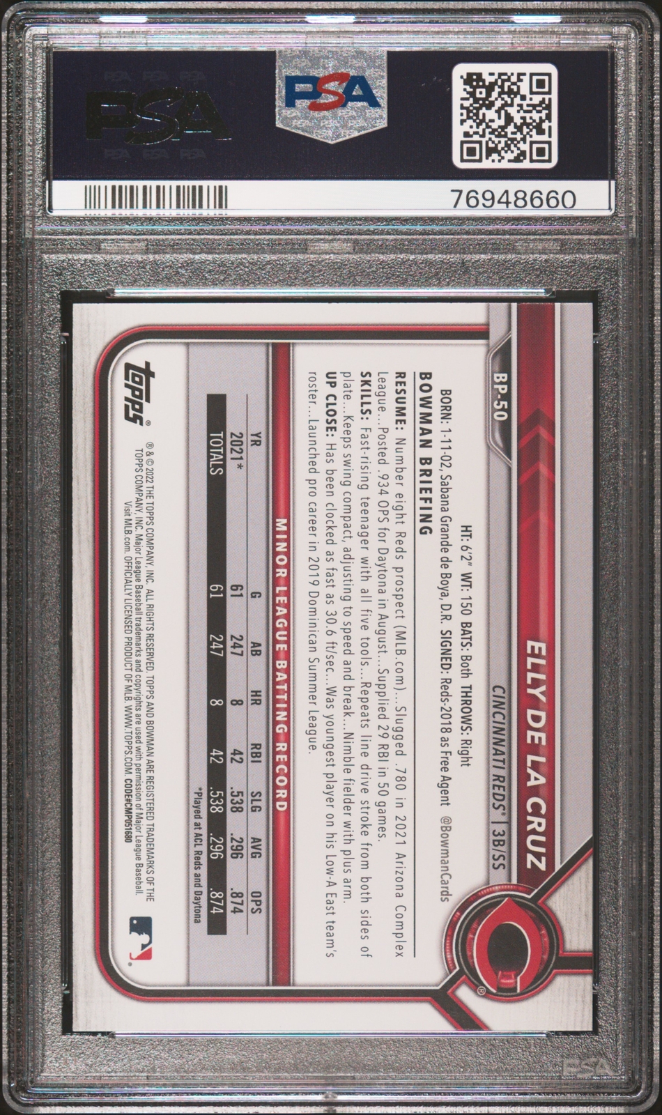 PSA 10 ELLY DE LA CRUZ 1st 2022 Bowman Paper Prospect Rookie Card RC GEM MINT