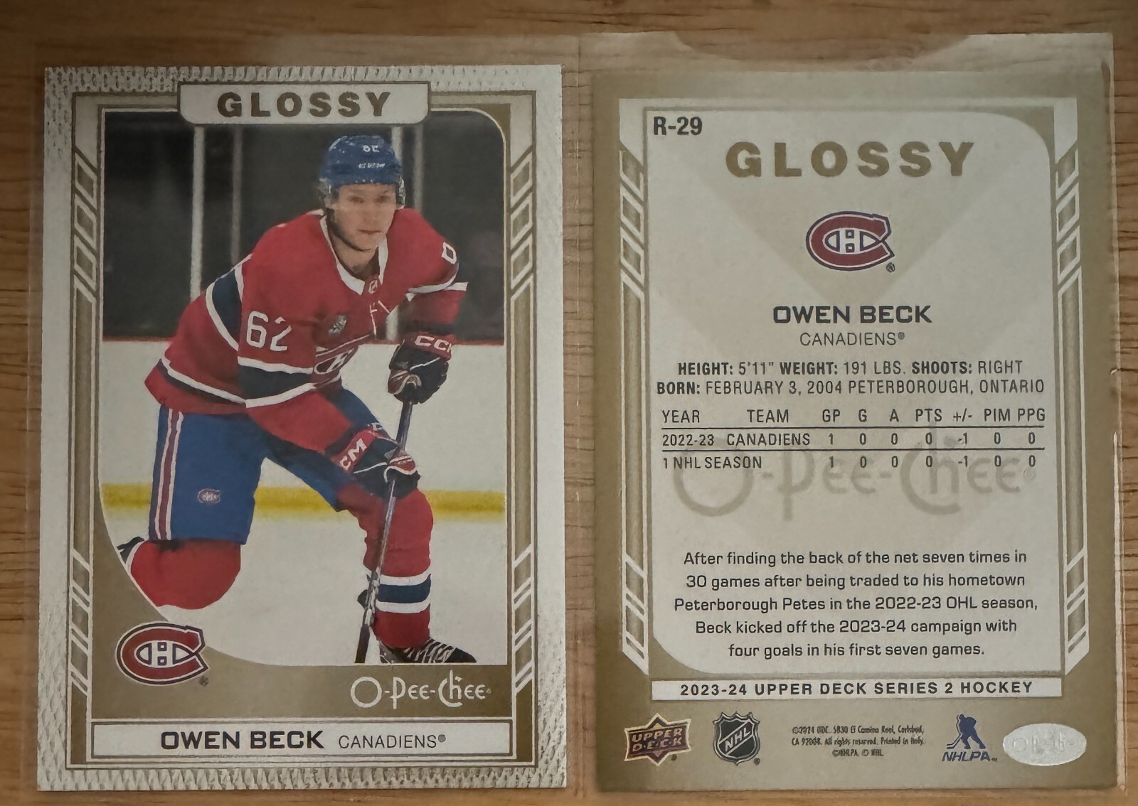 2023-24 Upper Deck Series 2 O-Pee-Chee Glossy Gold #R-29 Owen Beck Rookie RC