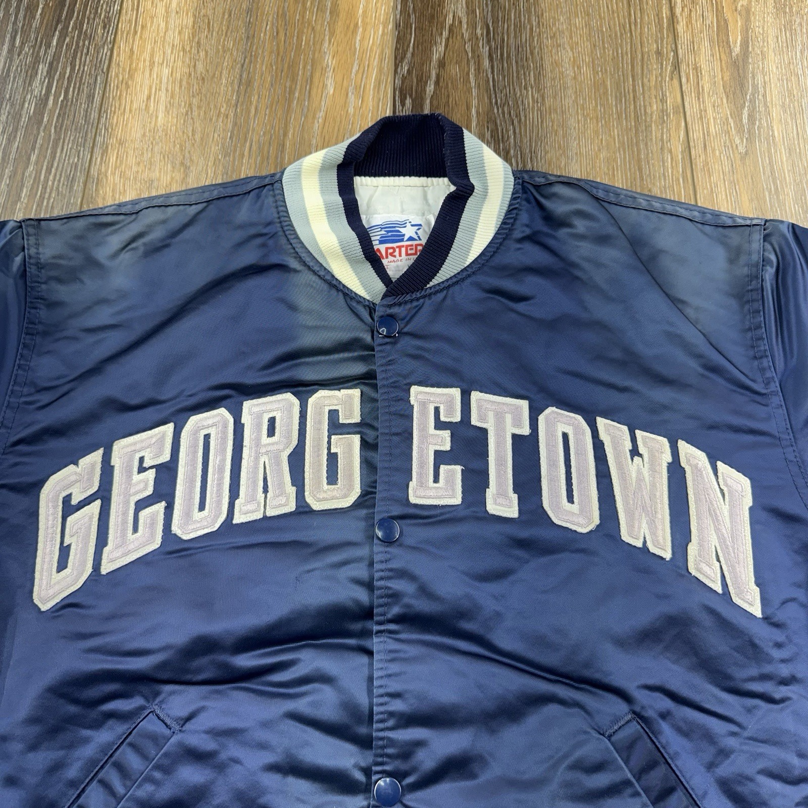 Vintage Georgetown Hoyas Satin Bomber Jacket Mens XL Blue Starter USA 90s Coat