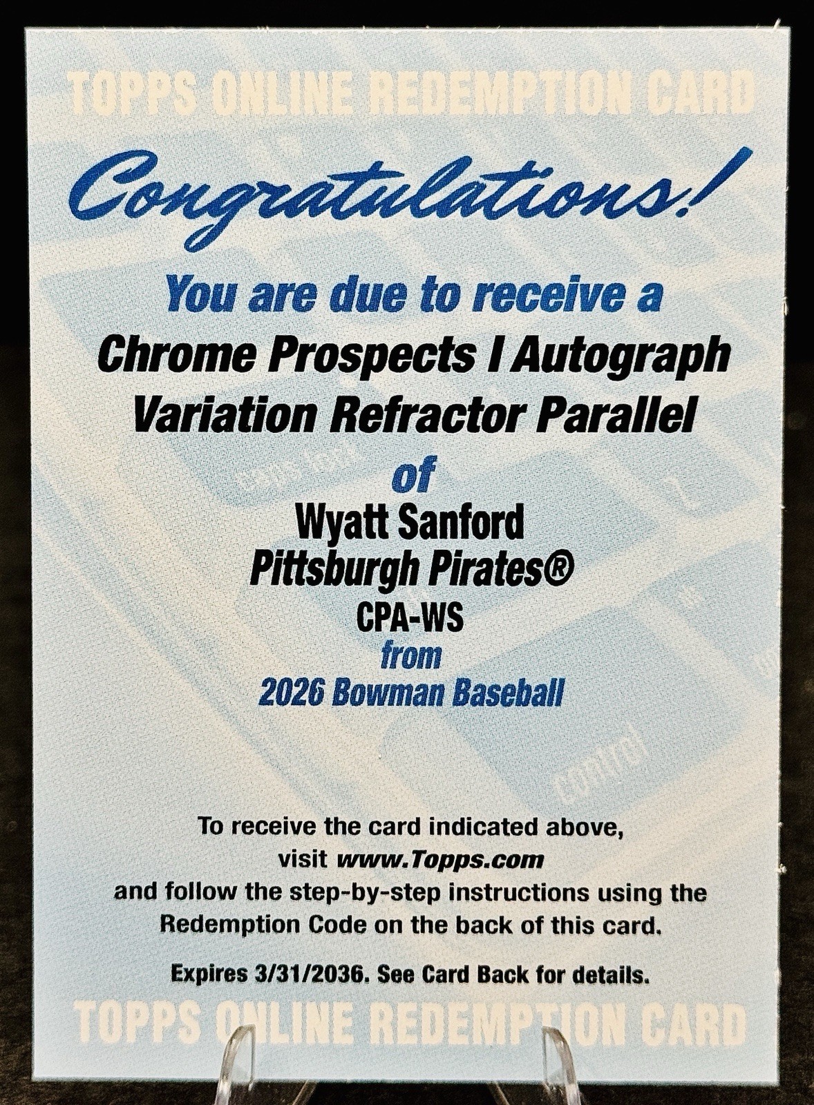 2026 Bowman – Wyatt Sanford 1st Chrome Prospect Auto Refractor /499 #CPA-WS