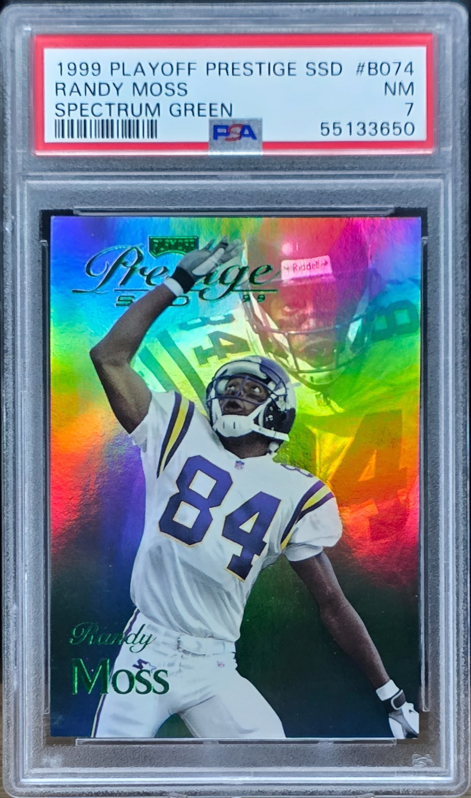 Randy Moss 1999 Playoff Prestige SSD #B074 Green /500 Vikings NM PSA 7