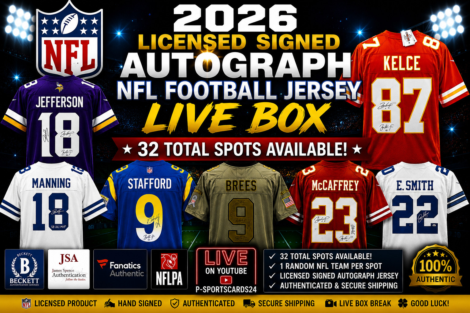 2026 LICENSED SIGNED AUTOGRAPH NFL FOOTBALL JERSEY LIVE BOX RANDOM TEAM #7/25