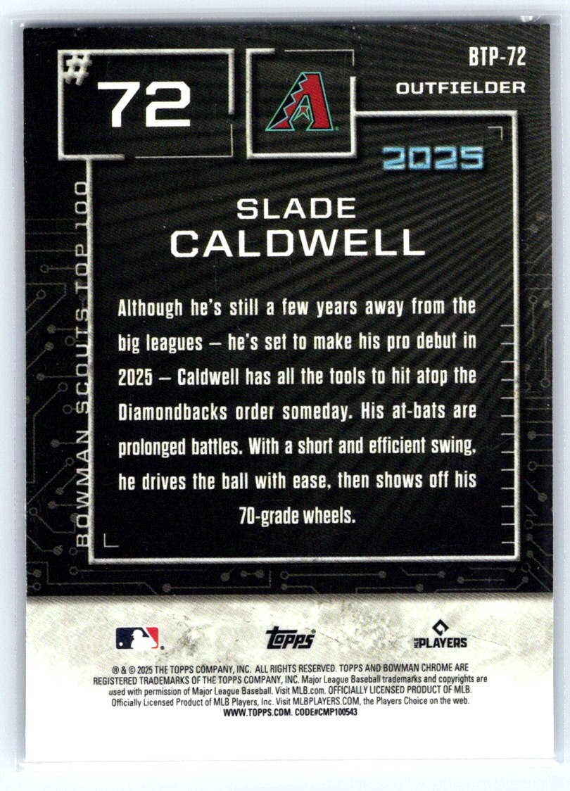 2025 Bowman Slade Caldwell Bowman Scouts Top 100 #BTP-72 Arizona Diamondbacks
