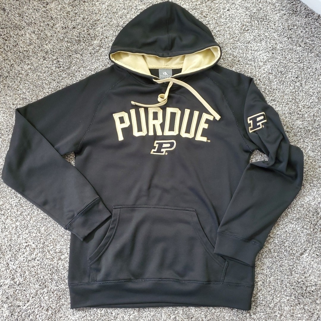 Purdue Boilermakers Black Hoodie, Gold Accent, Mens Small, BLOCK P on Sleeve