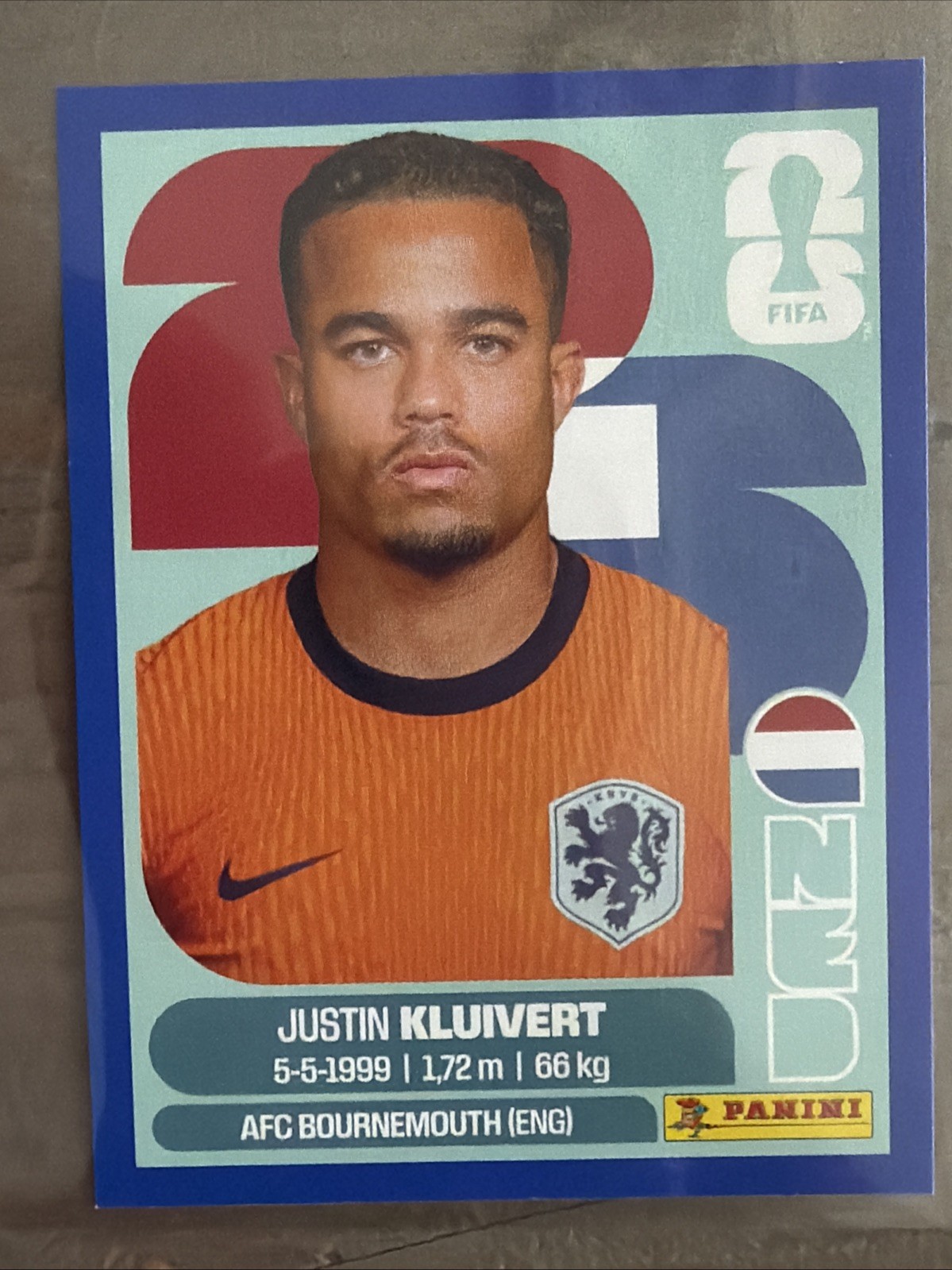 2026 Panini FIFA World Cup Justin Kluivert NED 16 Blue Border Parallel Sticker