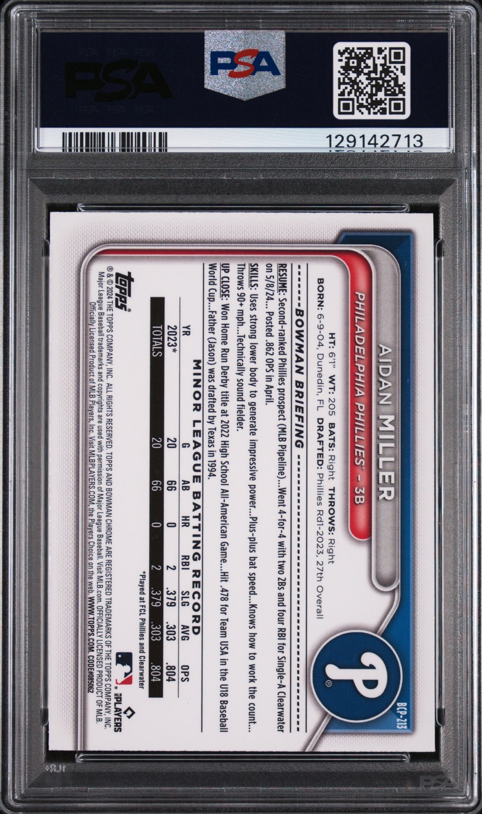 2024 Bowman Chrome Prospects #BCP213 Aidan Miller Prospects-Orange Ref PSA 8