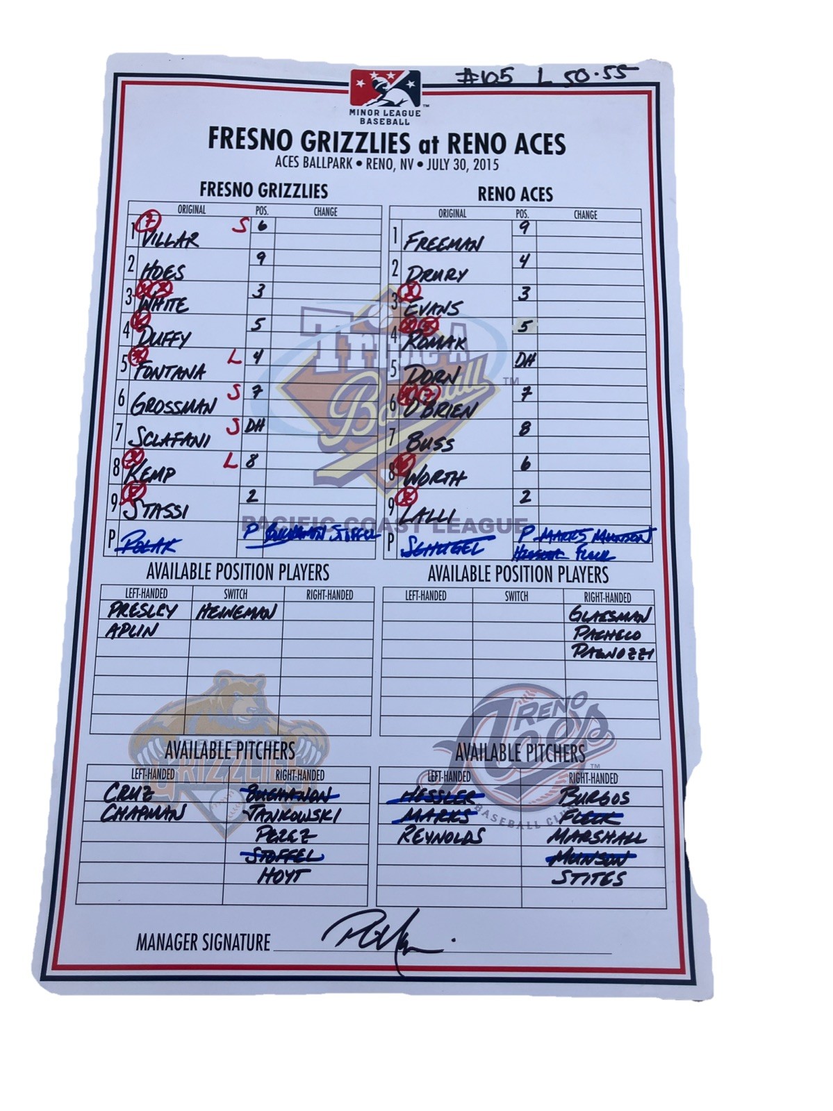 Minor-league baseball lineup card signed by Phil Nevin Mgr. Reno Aces Vs Fresno
