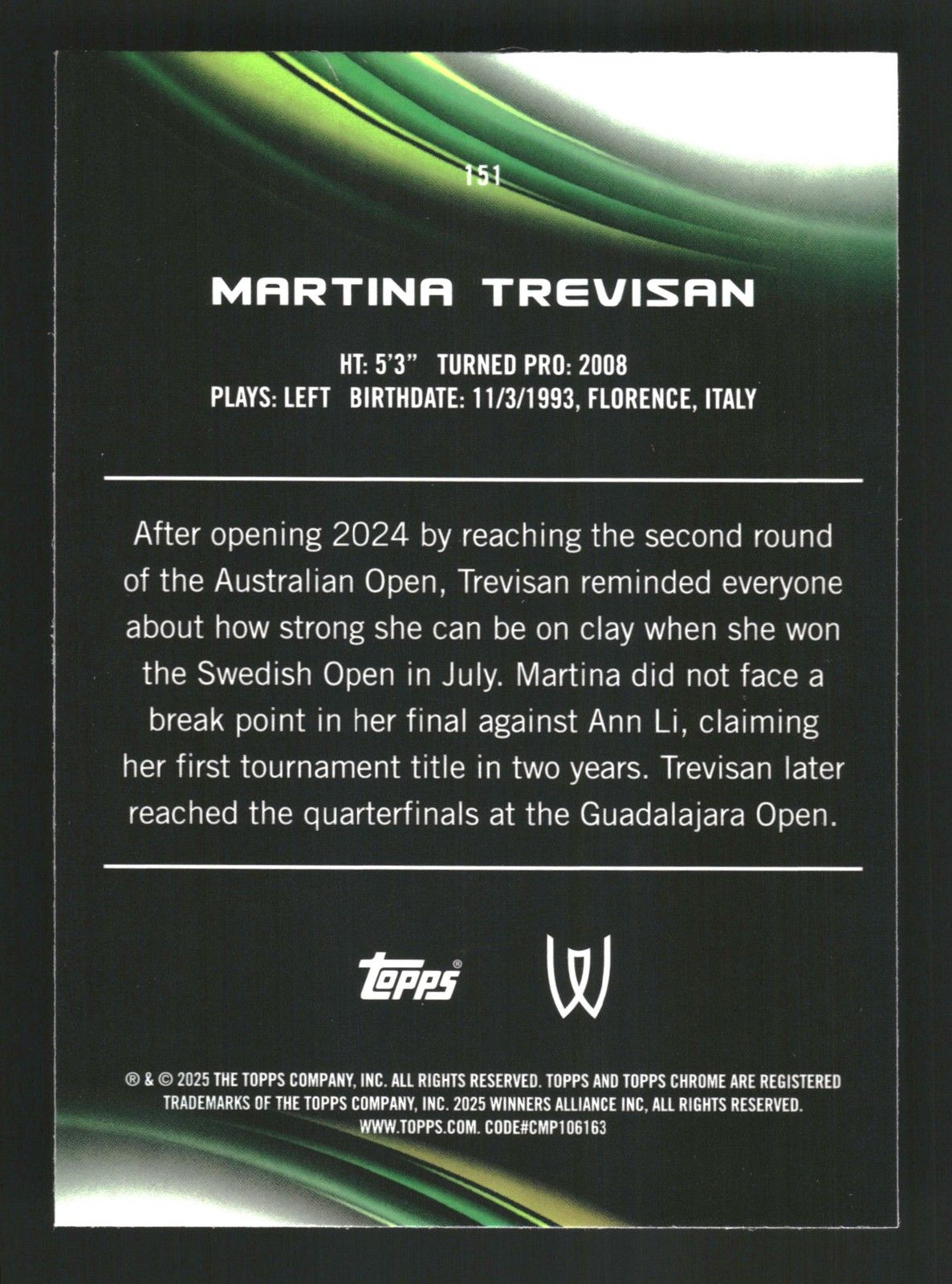 Martina Trevisan 2025 Topps Chrome #151 Pink Refractor